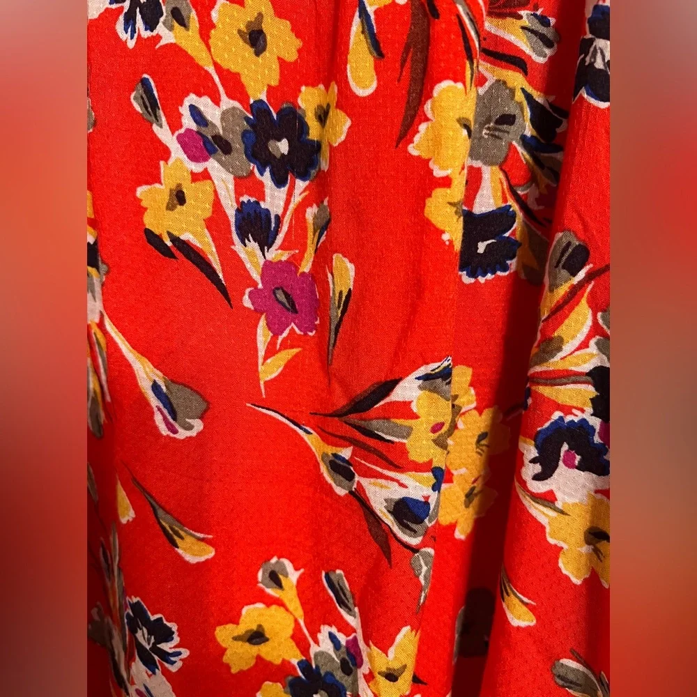 Anthropologie Vibrant Orange Red Lined Floral Midi Dress - Picture 6 of 7
